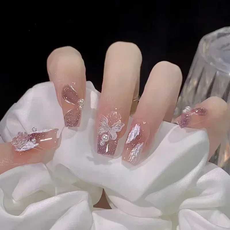 24Pcs ballet dancer rectangular nail tip fake nail wearable fake nail butterfly camellia nail design pressW250120