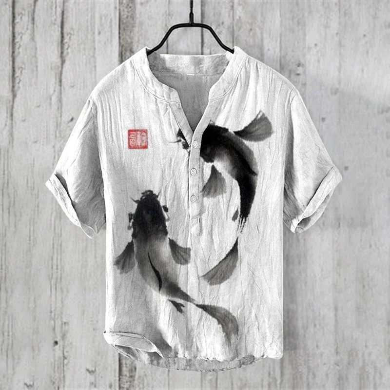 2024 New 100% Linen Shirt HD Pattern Plus Size Crane Fish Landscape Painting Shirt Hawaiian Mens Linen V-neck Mens T-shirtXJ250121