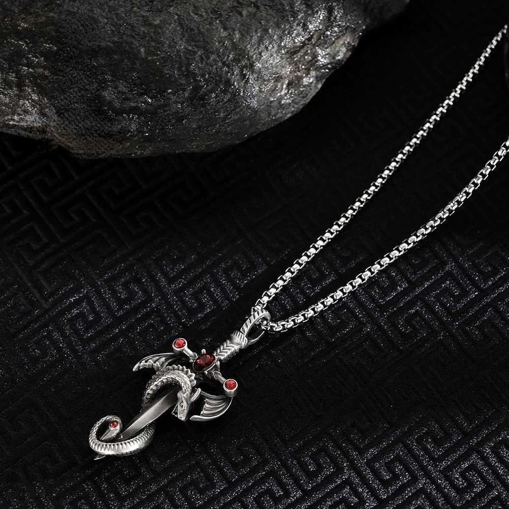 Vintage Silver Color Dragon Sword Cross Pendant Necklace for Men Womens Goth Punk Long Chain Necklace Hip Hop JewelryXJ250121
