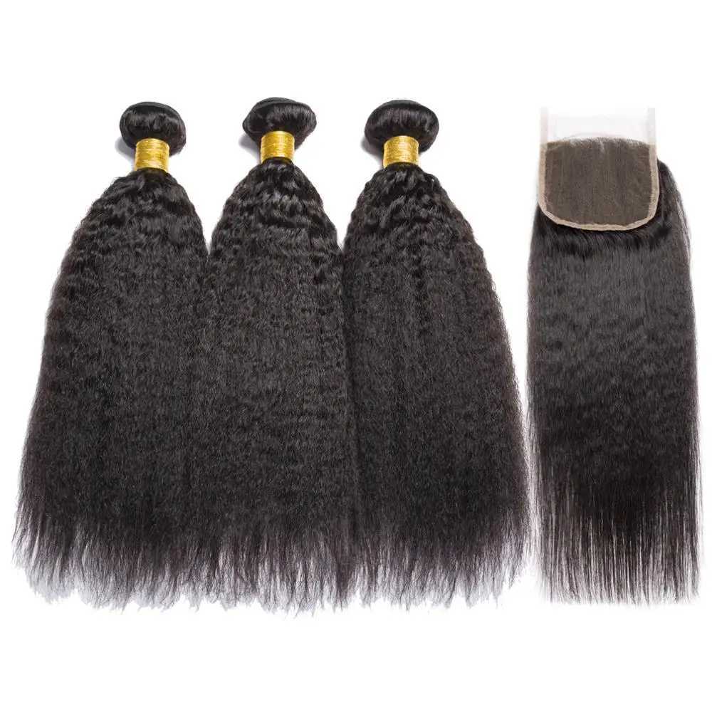 Alibele Yaki Bundles With Clo Brazilian Hair Weave 3 Bundles With 4X4 Lace Clo Human Hair Extension Remy Human HairXJ250120