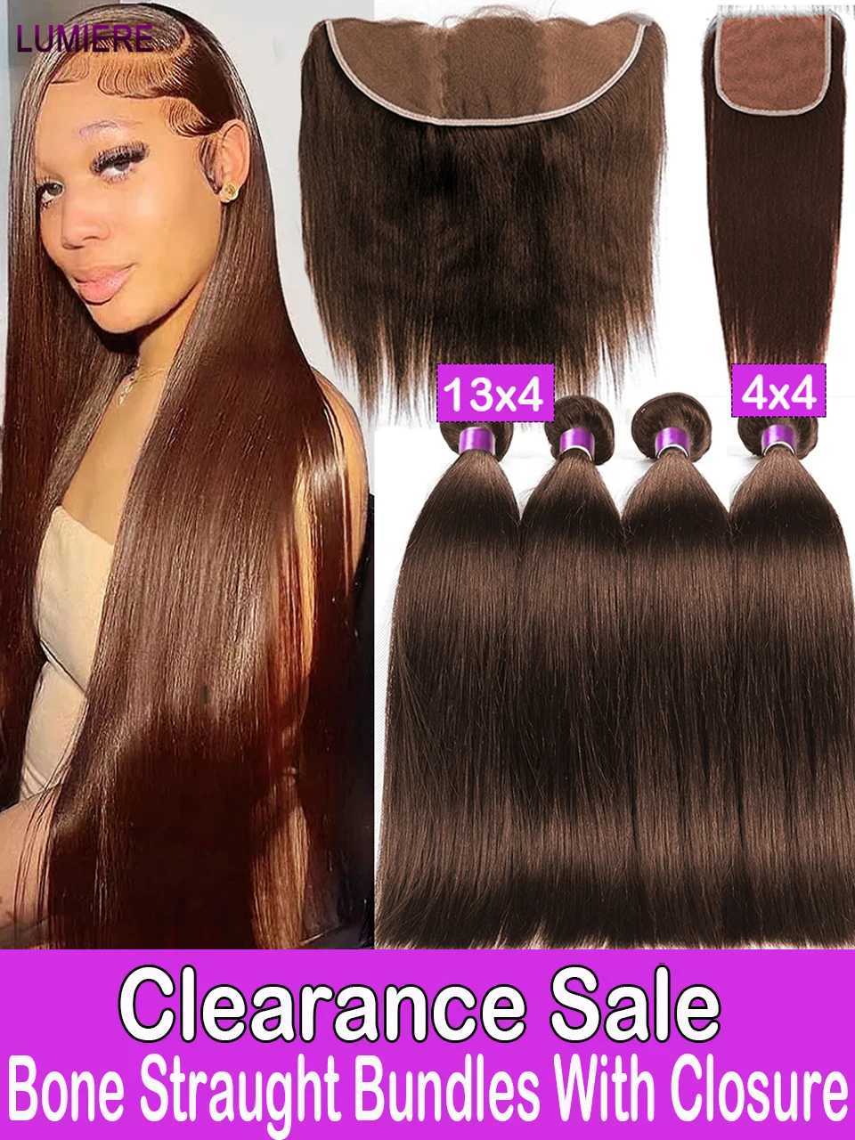 Cheap Chocolate Brown Bone Stright Bundles With Lace Clo And Frontal Brazilian Remy Raw Human Hair Weave Bundle With CloXJ250120