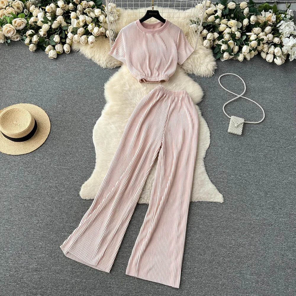 Fashion Solid Casual Two Pieces Sets Women Short Sleeve Crop TopWide Legs Long Pants Summer Beach Sporty Slim Tracksuit 250118