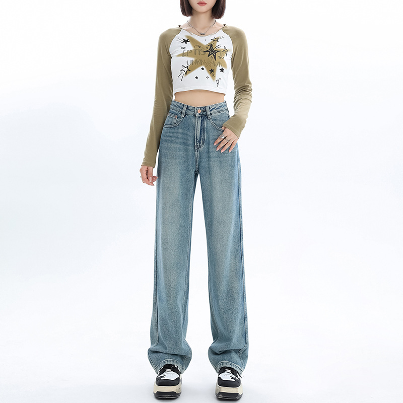 Retro blue narrow version wide-leg jeans women's autumn and winter new high-waisted small man velvet straight mopping pants