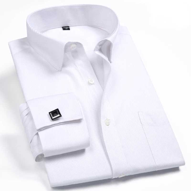 2024 Mens Classic French Cuffs Striped Dress Shirt Single Patch Pocket Cufflink Included Long Sleeve Wedding ShirtsXJ250121