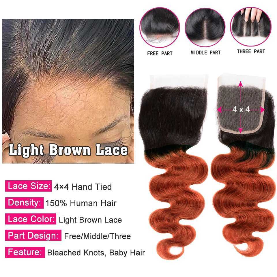 Ombre Orange Human Hair Bundles With Clo Brazilian Body Wave 1B/350 Human Hair Weaving And 4x4 Swiss Lace Clo Free PartXJ250120