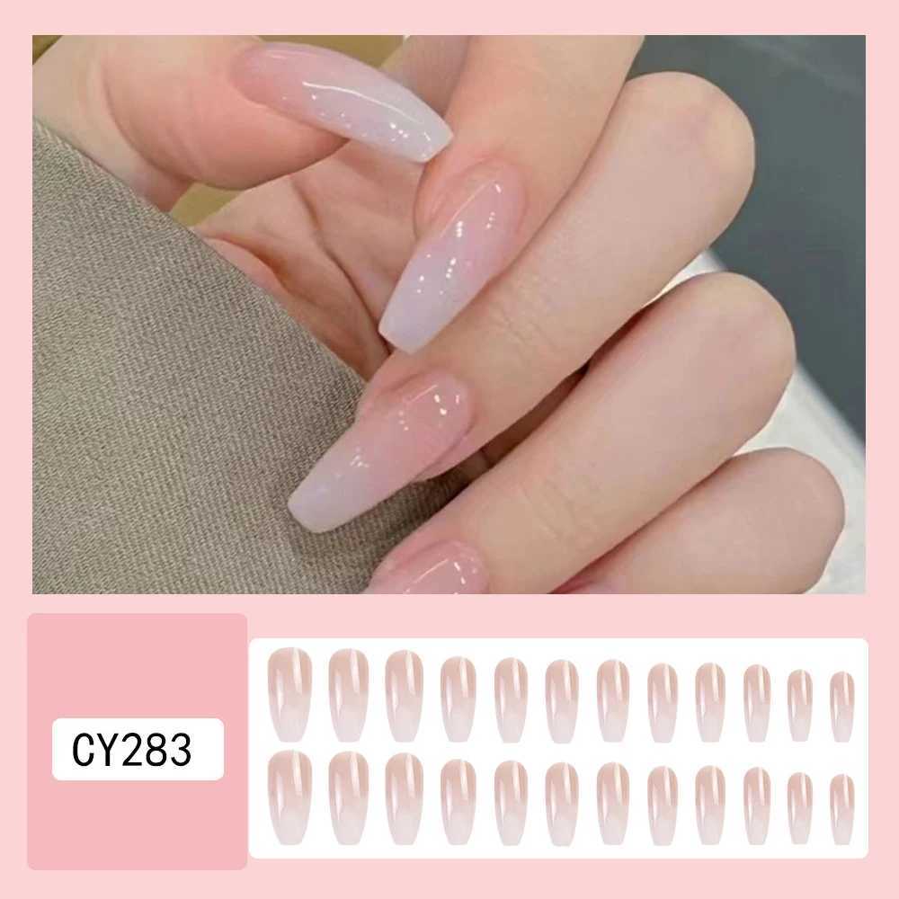24 Pcs Medium-Long Coffin Press On Nails Pink Gradient Fake Nails Glossy French Style Reusable False Nails For girlsW250120