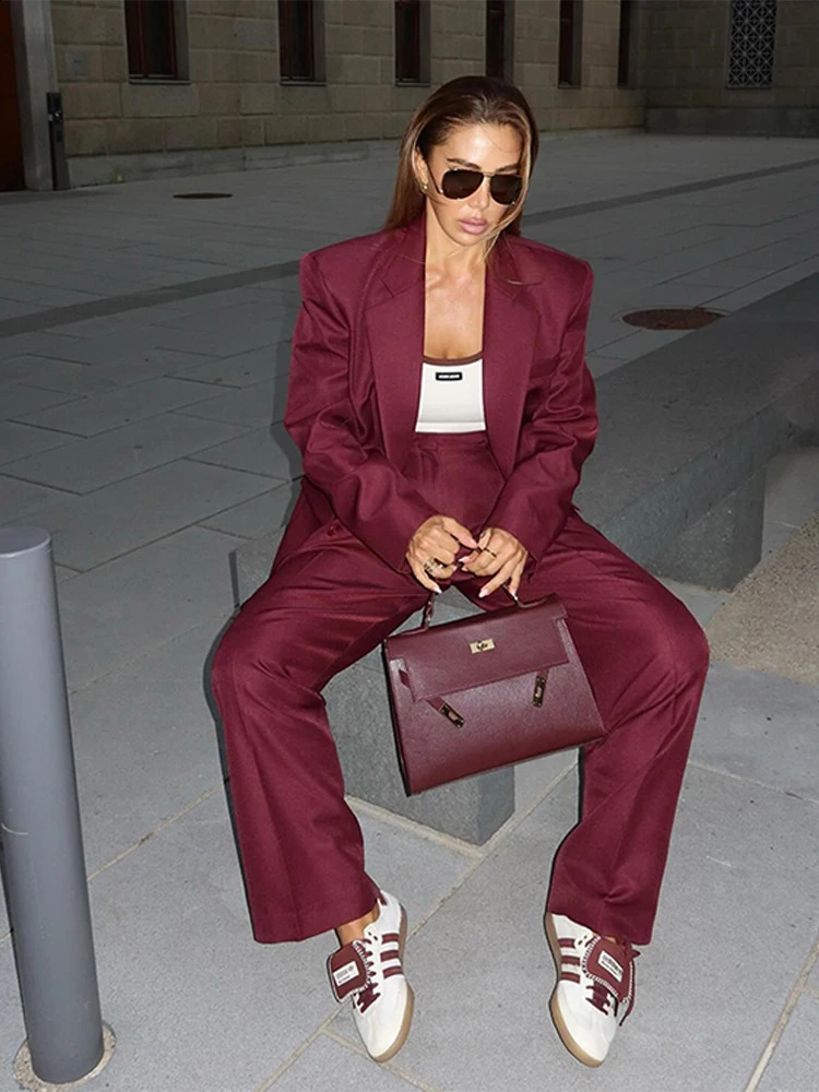Burgundy Oversize Women Coat Sets Wide Leg High Waist Female Pant Set Vintage Fashion Lapel Long Sleeve Button Lady Outfit 250118