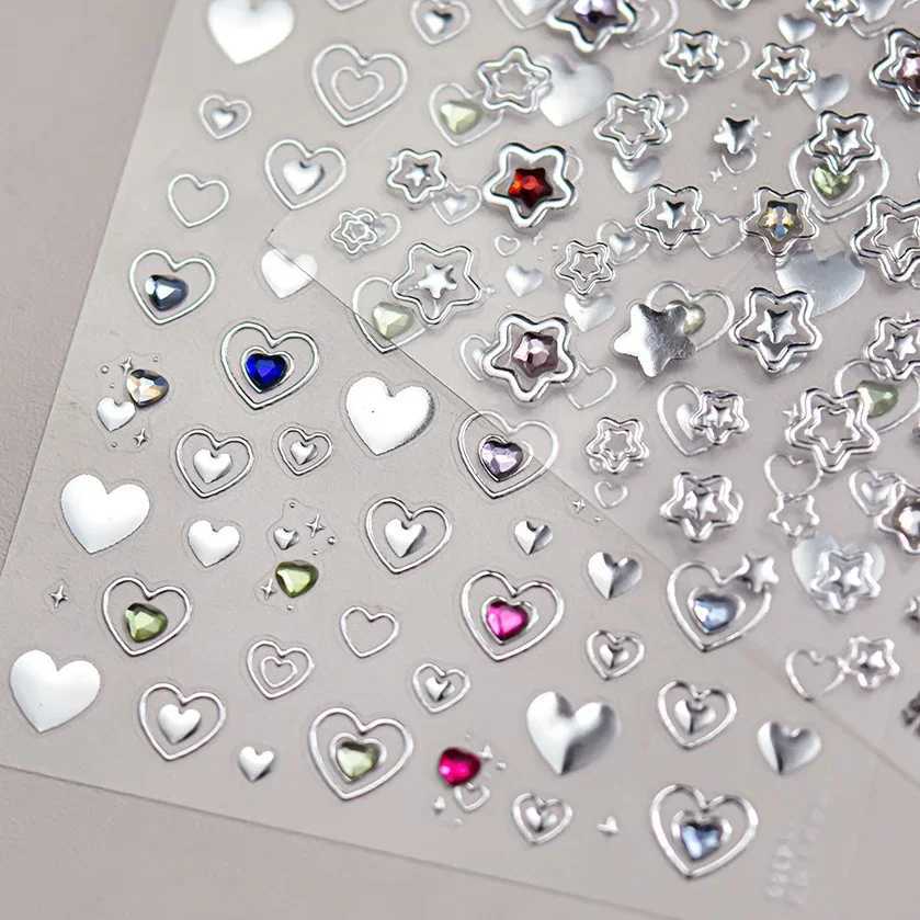 Colored Crystal Star Love Heart Shiny Silver Hollowed Smudging Rainbow Flower Jelly Embossed Nail Art Stickers Manicure DecalsXJ250120