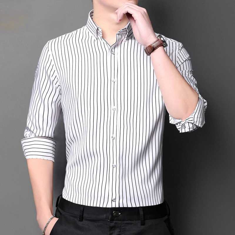 New elastic wrinkle resistant mens long sleeved formal shirt high-quality mens slim fit social business striped men clothingXJ250121