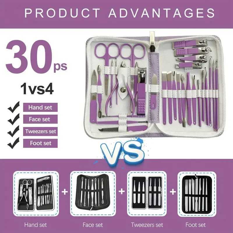 30 pieces purple professional nail set anti-splash nail clippers stainless steel nail clipping cuticle toolsXJ250116