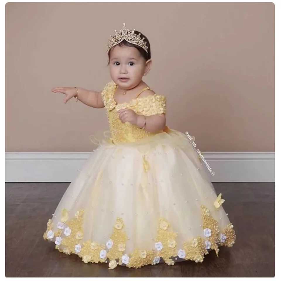 Baptism Tulle Pearls Flower Girl Dress Lovely For Wedding Beading Applique Off Shoulder Child First Eucharistic Birthday Party X250203