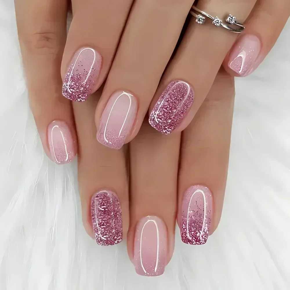 24Pcs Short Square Press on Nails Gradient Glitter False Nails French Tip Lines Acrylic Nails Full Cover Wearable Fake Nail TipsW250120