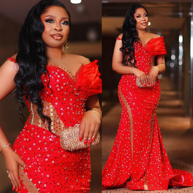 2025 Plus Size Aso Ebi Red Prom Dresses Mermaid Evening Gowns For Black Women Illusion Sheer Neck Beaded Lace Birthday Dress Second Reception Gown AM2