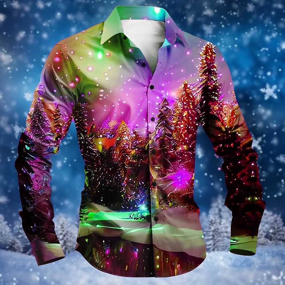 Christmas shirt long sleeved high-end mens shirt fashionable daily street under the aurora forest 3D printing cool hot sellingXJ250121