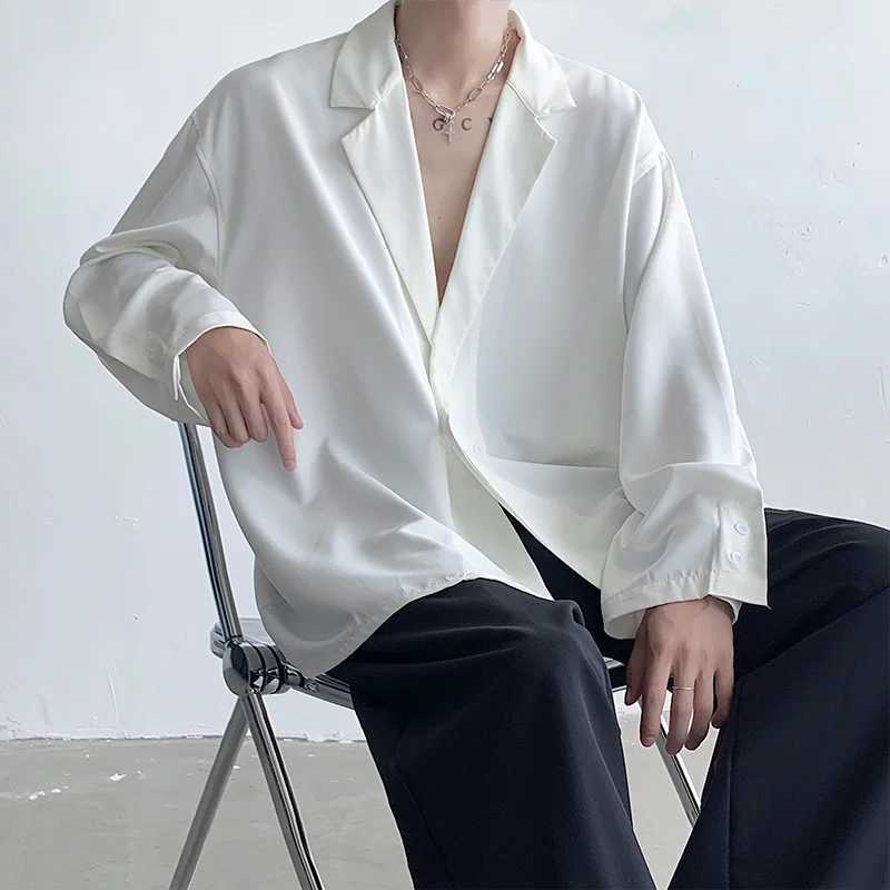 Black White Long Sleeved Shirt Men Oversized Social Mens Dress Shirt Korean Loose Ice Silk Shirt Mens Office Formal Shirts M-XLXJ250121