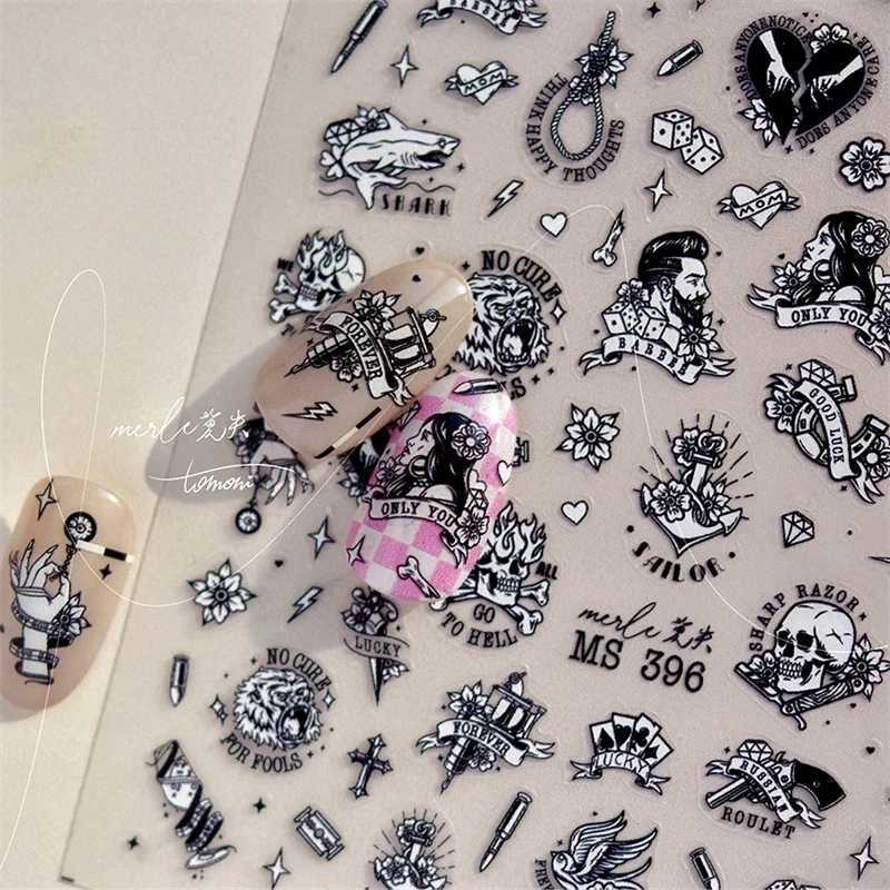 Retro Black Line Skull Man Woman 5D Embossed Relief Self Adhesive Nail Art Sticker Bear Bunny Hand Bird Horror 3D Manicure DecalXJ250120