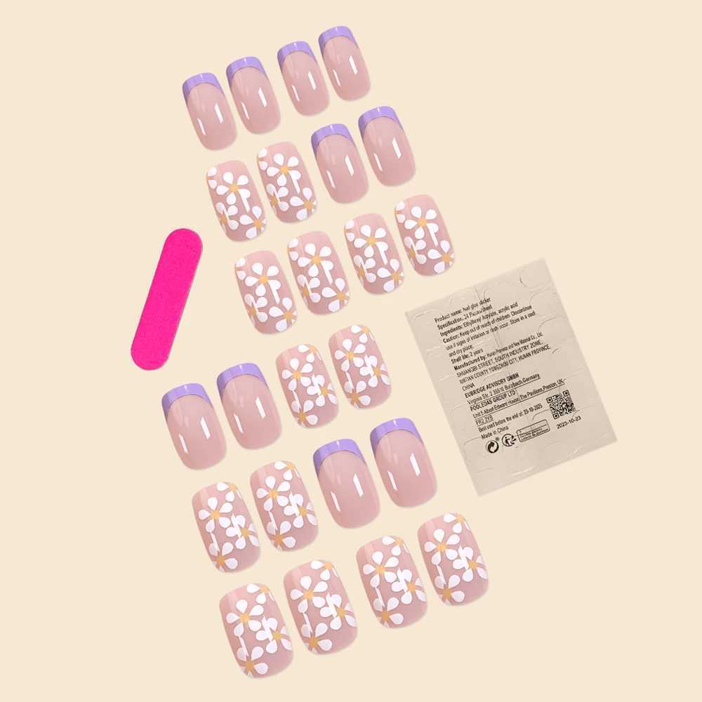 24Pcs/Set Women Middle Size Purple Border French White s Powder Full Coverage Wearable Nail Art Fake NailsW250120