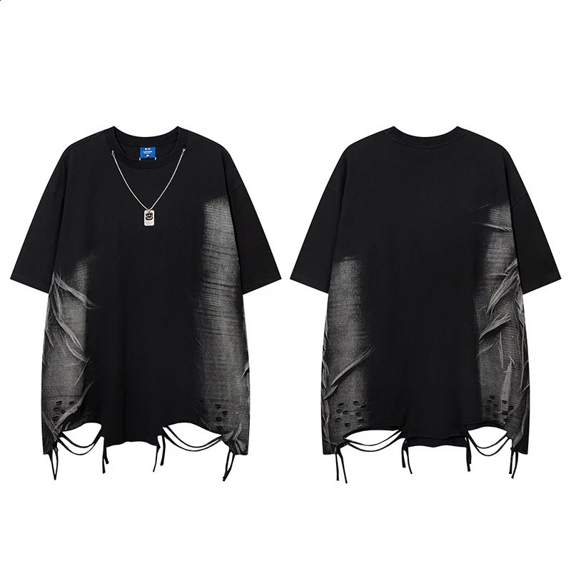 2024 Summer Tie-dye Ripped Hole Hip Hop Punk Rock Short Sleeve T Shirt Men Women High Street Casual Vintage Tees Tops 250109