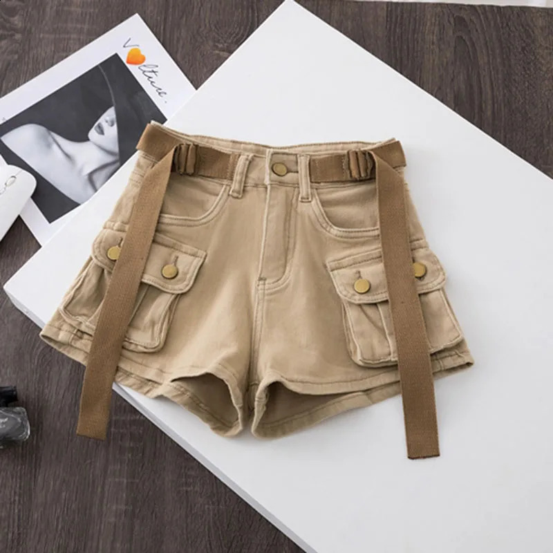 Retro Army Green Work Clothes Cowboy Shorts Summer Cool Girl Fashion Belt Pocket High Waist Dance Short Skirt 250118