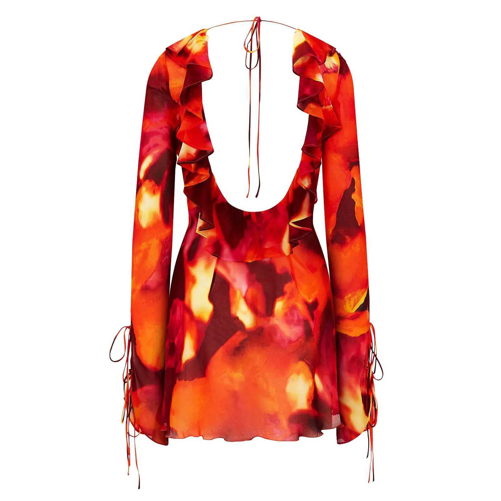 Lapel Ruffles Dresses For Women Summer Dyed Tie Open Chest Dress Sexy Lace Up Strap Deep V Long Sve Dress XJ250115
