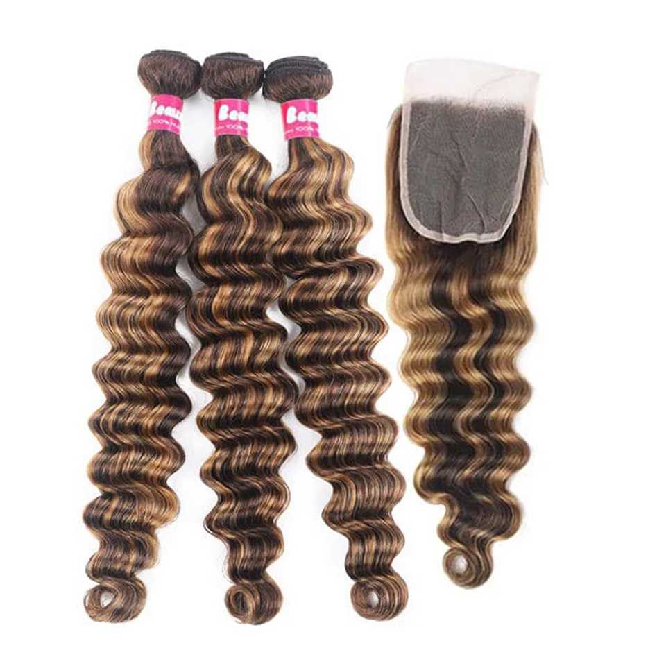 4/27 Loose Deep Wave Bundles With Clo Highlight Deep Wave Human Hair With 4x4 Clo Remy Hair ExtensionsXJ250120