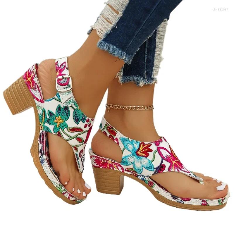 Sandals Women's Shoes 2025 Buckle Strap Fashion Printing Beach Women Summer Plus Size Heeled zhanyishengli