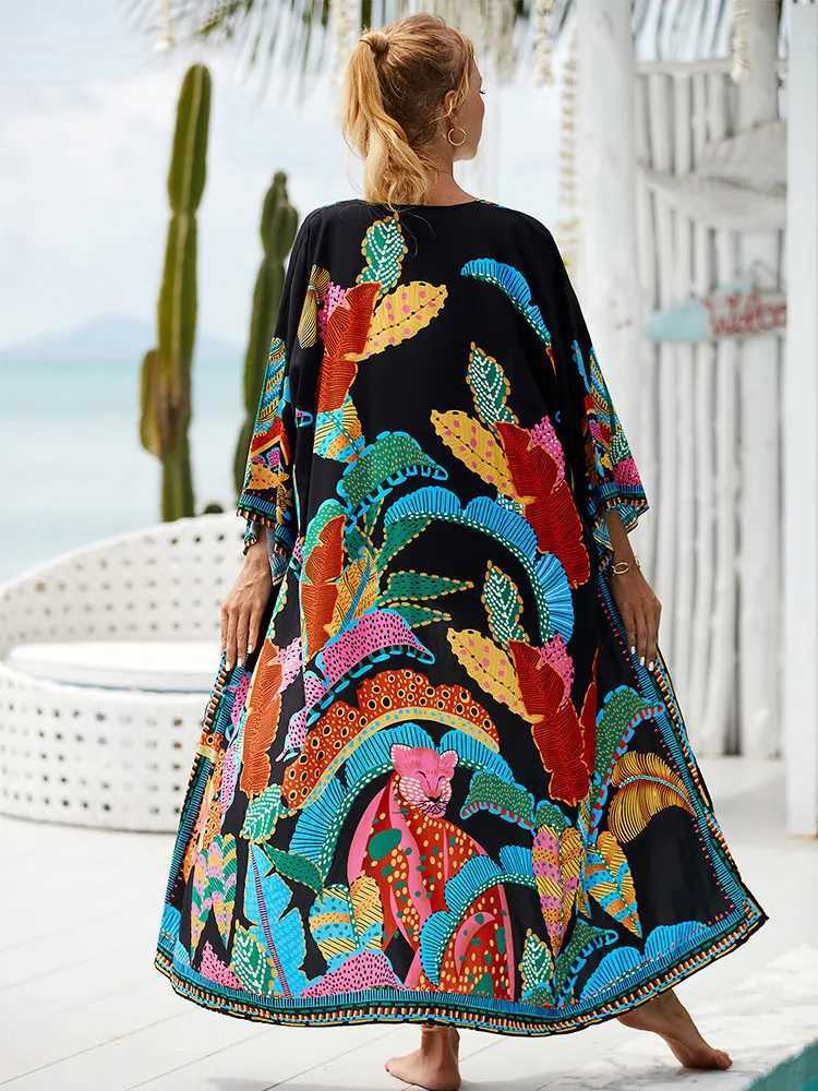 Bohemian Printed Belt Kimono Plus Size Batwing Sleeve Dr Summer Autumn 2023 Women Loose Beachwear Swimsuit Cover Up Shirt Q1 W250120