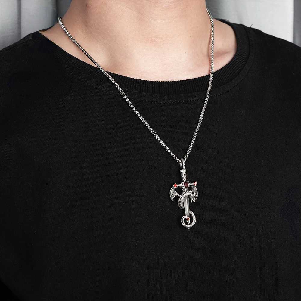 Vintage Silver Color Dragon Sword Cross Pendant Necklace for Men Womens Goth Punk Long Chain Necklace Hip Hop JewelryXJ250121