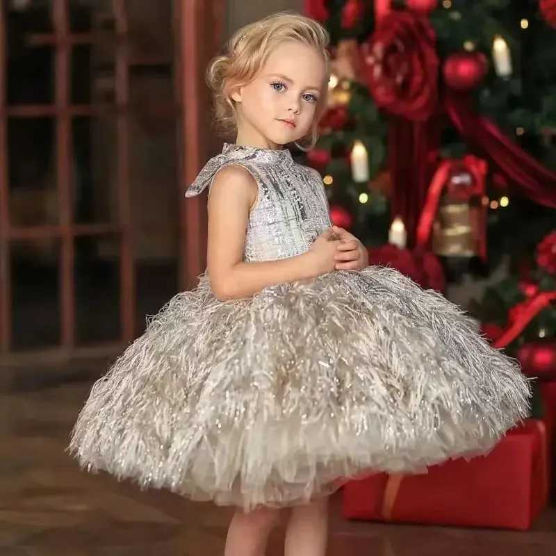 Fashion Baby Girl Feather Sleevesless Princess Dress Infant Toddler Child Vintage Dress Party Birthday Pageant Ball Gown 1-12Y X250203