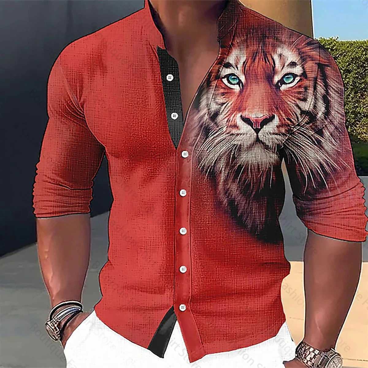 Mens Shirt Animal Tiger Pattern 3D Printing Stand Collar Fashion Street Casual Long Sleeve Shirt XS-6XL Fast ShippingXJ250121