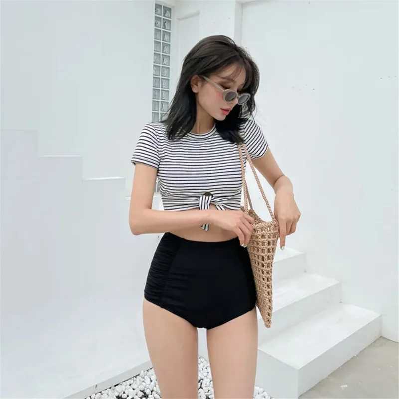 Sexy High Waist Bikini Women Striped Black Swimsuit Short Sve Bathing Suit Push Up Biquini Crop Top Swimwear Tummy ControlXJ250120