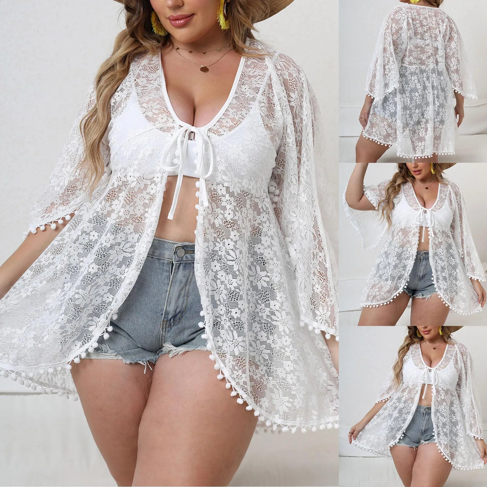 Flower Lace Coverups Beachwear White Cardigan Beach Cover Ups for Swimwear Women Sunscreen Outfits Solid Loose Strap Coverup 250122
