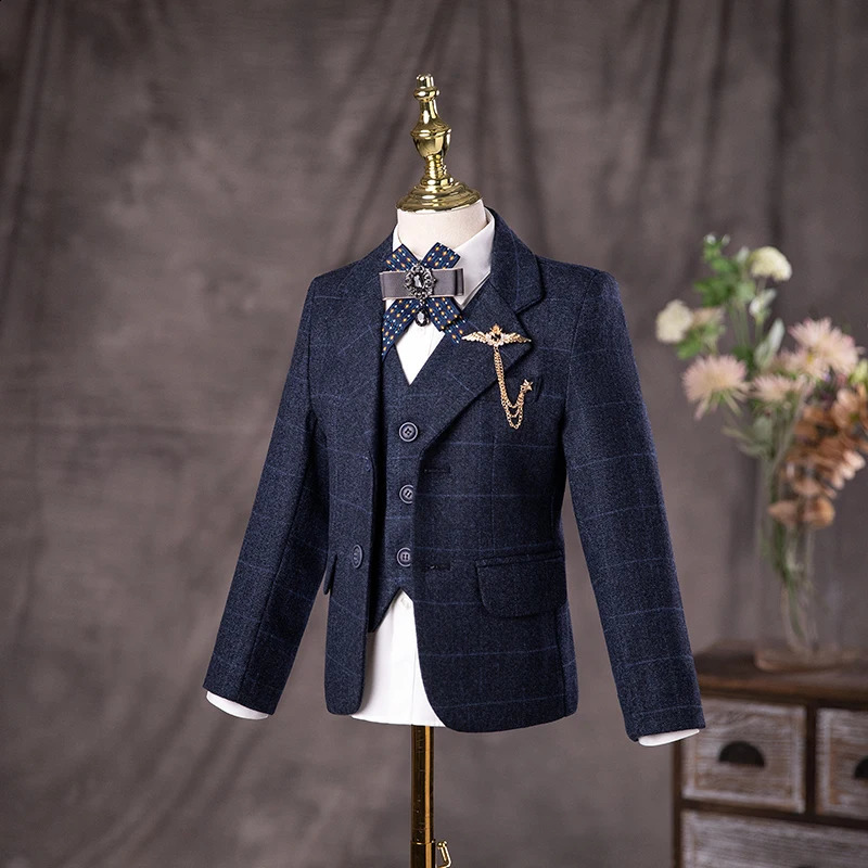 Childrens British Style Suit Set Boy Catwalk Wedding Baby Birthday Host Piano Performance Costume Autumn Winter Kids Blazer 250120