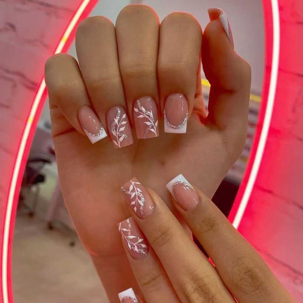 24Pcs Short Square Coffin False Nail with Jelly Adhesive Glitter Gradient Design Detachable False Nail Full Cover Press on NailsW250120
