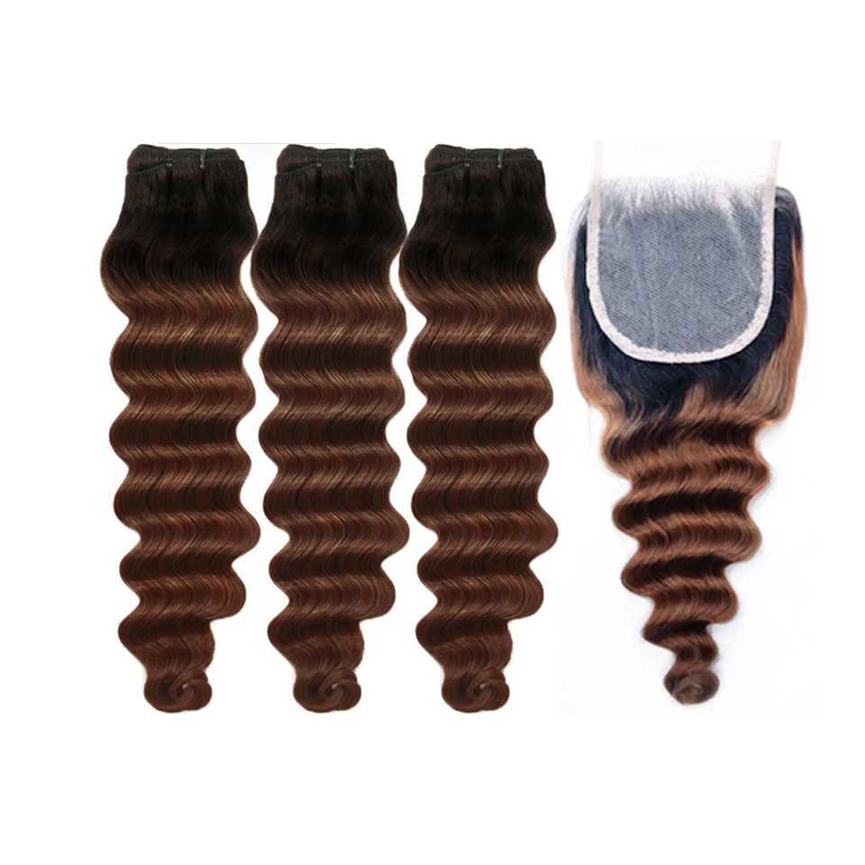 Ombre Loose Deep Bundles With Clo 1B Brown Human Hair With 4x4 Lace Clo Two tone Dark Root To Brown Brazilian Human HairXJ250120