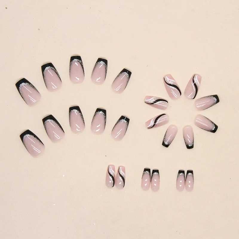 Black French 24 Pcs Press on Nails Pink Gradient Fake Nails Glossy Artificial Finger Manicure Reusable False Nails for WomenW250120