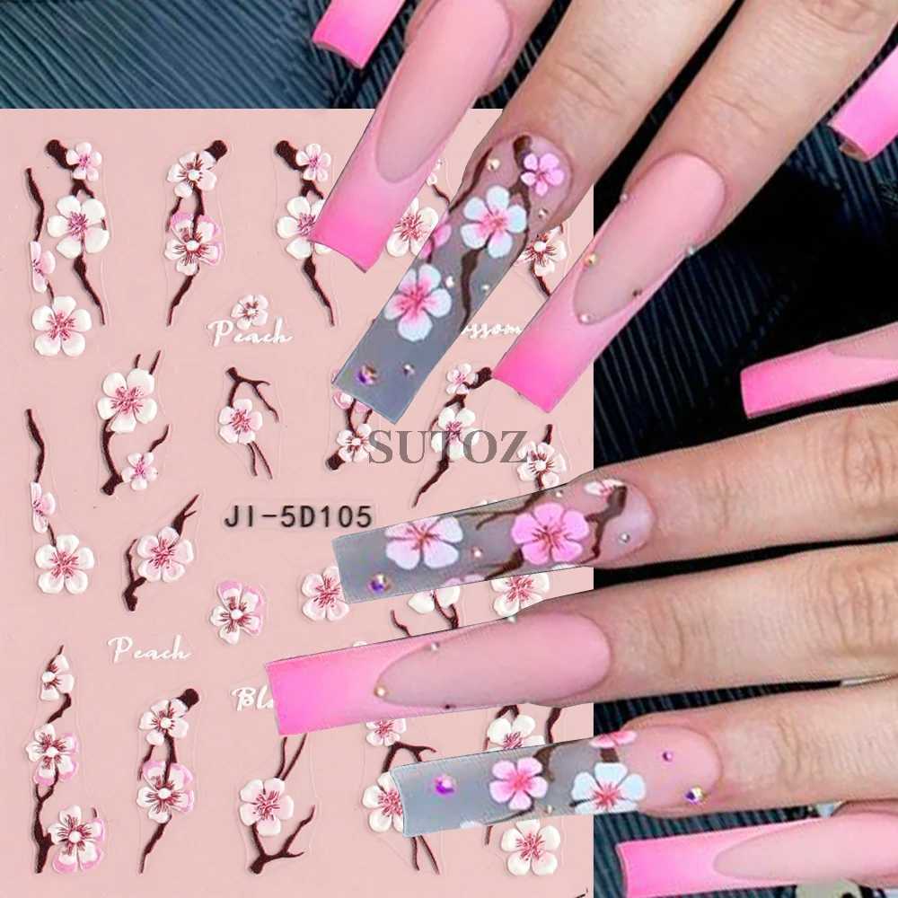 5D Cherry Blossom Nail Stickers Pink Petals Flowers Nail Decors Spring Summer Self-Adhesive Manicure Embossed Decals NLJI5D-105XJ250120