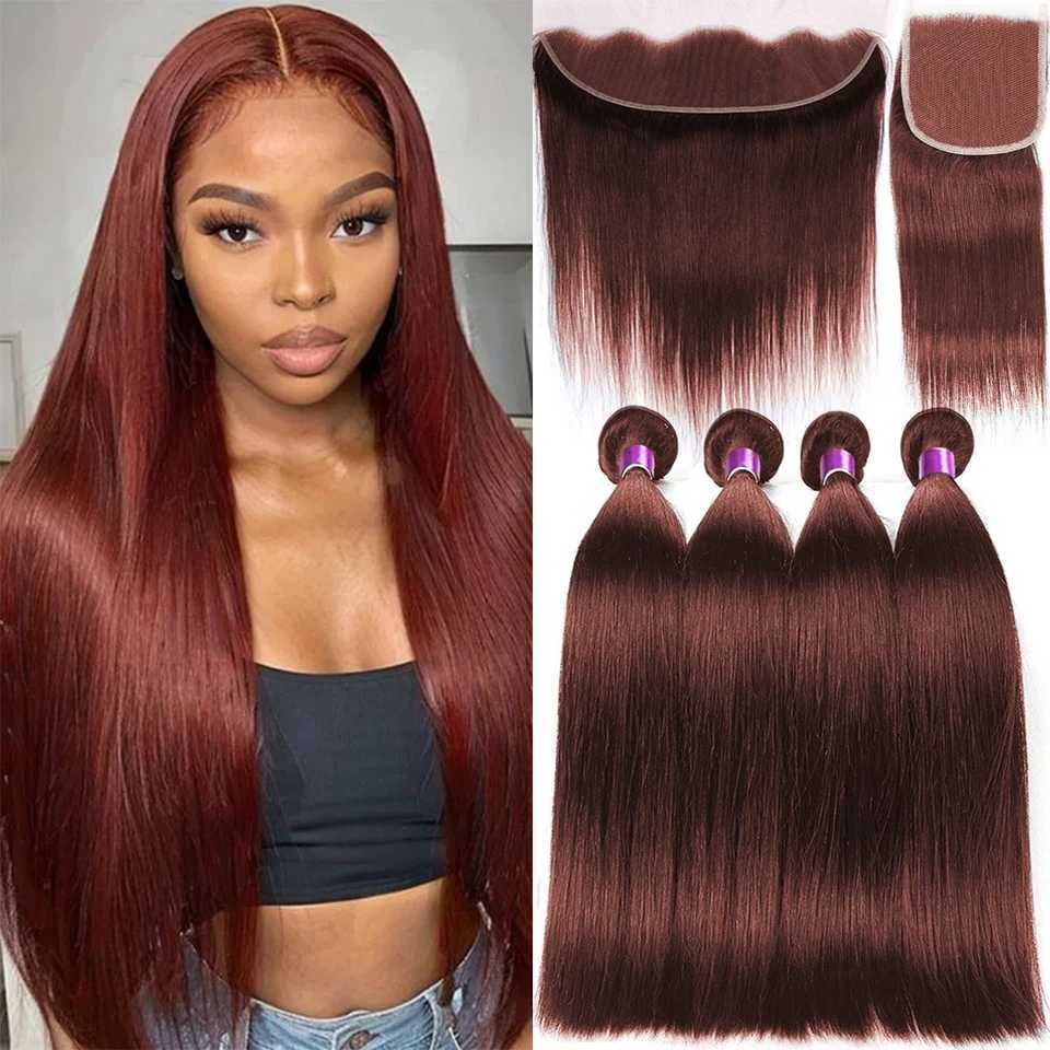 #33 Brown Reddish Straight Hair Bundles With Frontal Brazilian Human Hair Weave Bundles With HD Clo Ombre Colored 3/4 BundleXJ250120