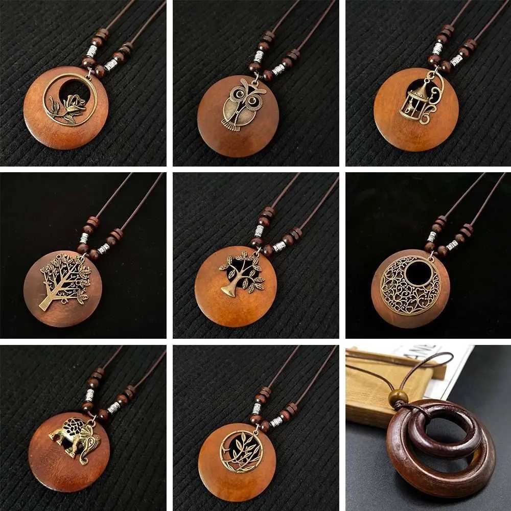 Ethnic Round Wooden Leaf Owl Long Sweater Chain Retro Necklace Women Clock Pendant Female Jewelry Neck Accessories Gifts CollarXJ250121