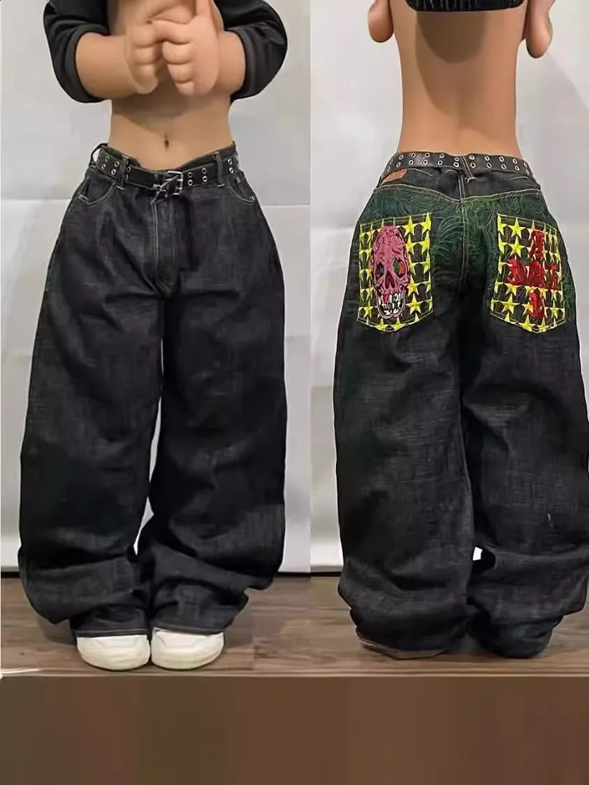 Y2K Jeans Harajuku Hip Hop Retro Skull Graphic Embroidered Baggy Denim Pants Men Women Goth High Waist Wide Trousers 250121