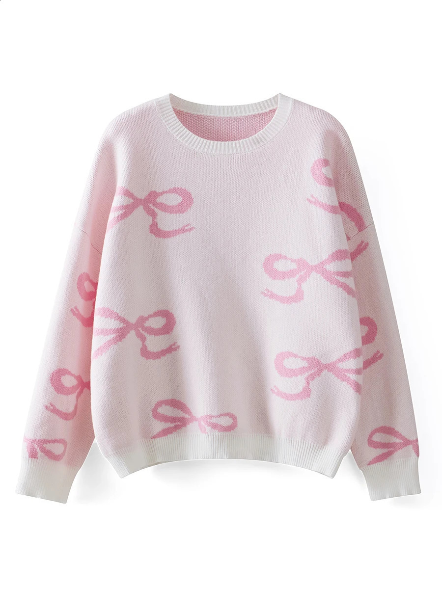 Sweet Cute Bow Sweater Fuzzy Long Sleeve Round Neck Pullover Sweater Tops Winter Fall Oversized Outerwear Y2K Vintage Jumper 250121
