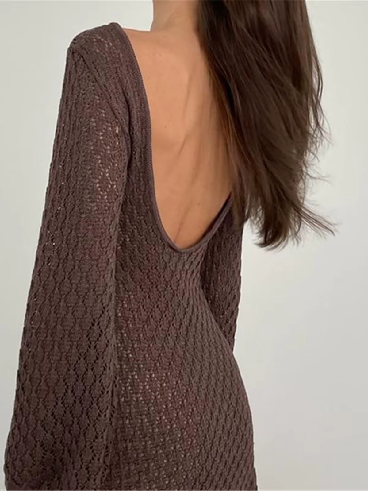 Long Sleeve Cut Out Backless Crochet Knitted Tunic Cover Up Cover-Ups Dress Beach Wear Beachwear Female Women K5436