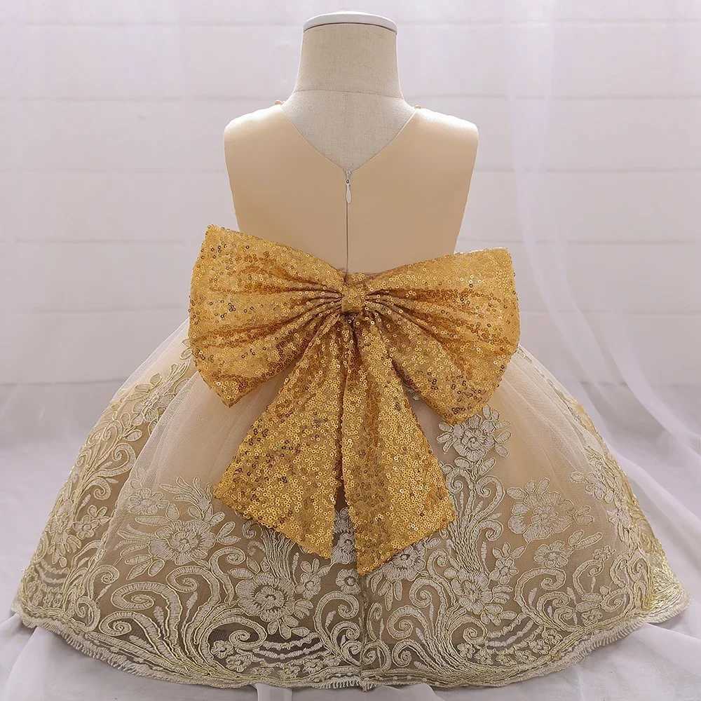Big Bow Flower Champagne 1srt Birthday Dress Baby Girl Clothes Princess Party Baptism Dress Infant Dresses Toddler Costume X250203