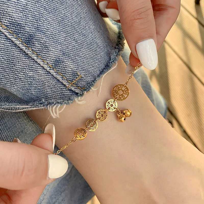 316L Stainl Steel Sweet Coin Bells Pendant Charm Chain Anklets For Women Fashion Trend Fine Jewelry Party GiftsXJ250121