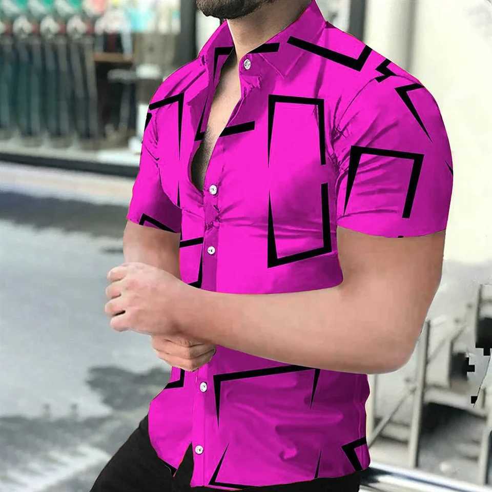 Mens Geometric Lines Solid Color Printed Shirt Short Sleeve Button Comfortable Mens Shirt Hawaii Business Leisure Vacation TopXJ250121