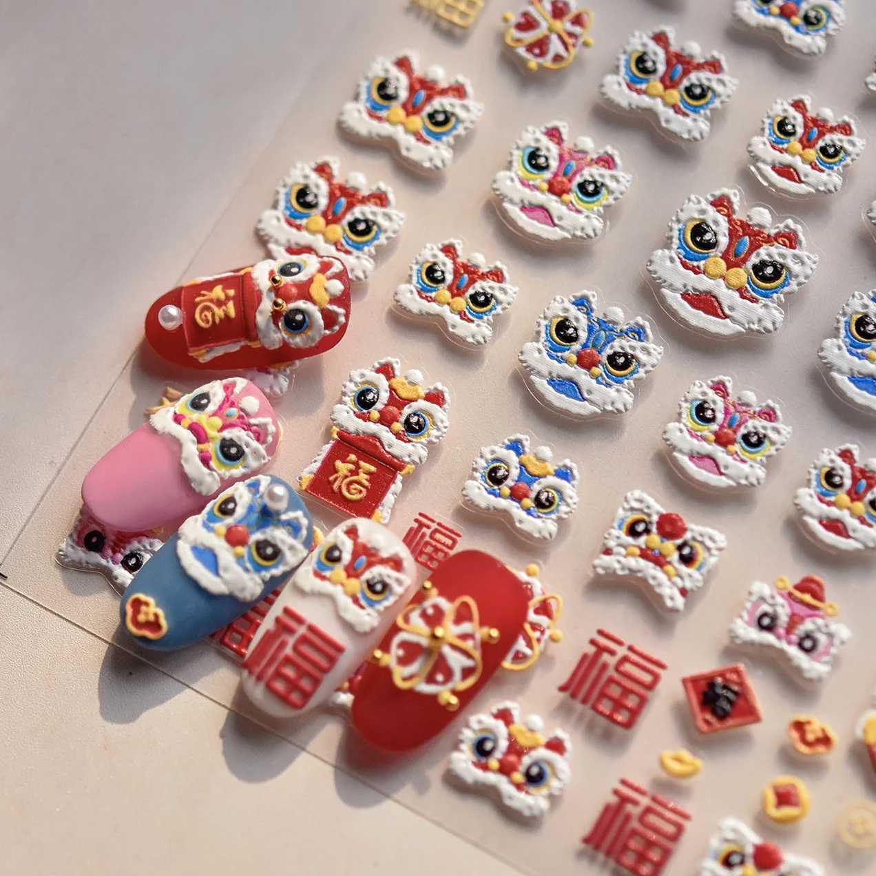 1Pcs Cute Good Luck Lion Head Nail Stickers Chinese 2025 New Year Style Self AdhesiveDesign Sticker Nail Art Decorations DecalsXJ250120