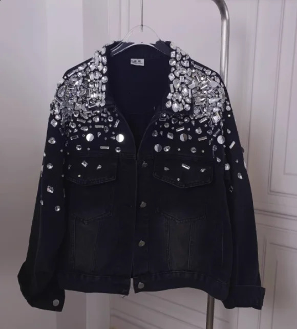 Hand-Stitched Purple Sequin Denim Jacket for Women Autumn Diamond Lapel Single Breasted Washed Cotton Denim Jacket 250116