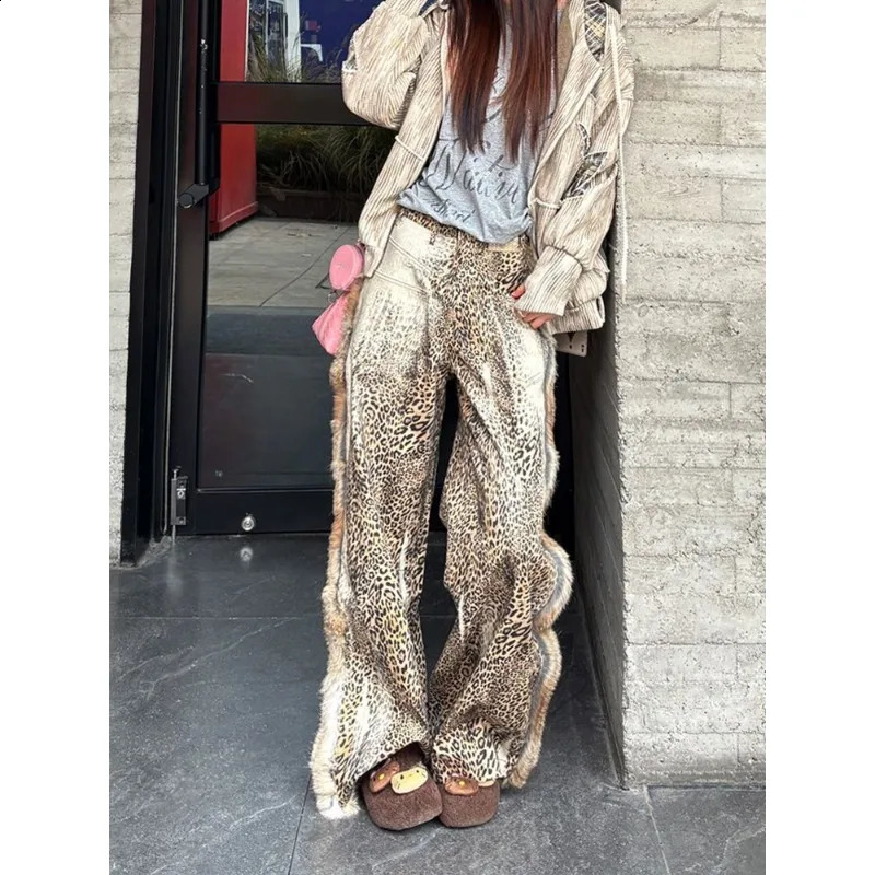 American large size raw edge stitching leopard print high waisted jeans women spring tie fashion floor-length pants 250118