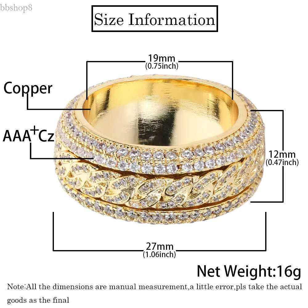 Gold Plated 12mm Men's Rings 5A Brass with Pave Setting Cubic Zirconia & Moissanite Fully Rotatable Cuban Chains Shape