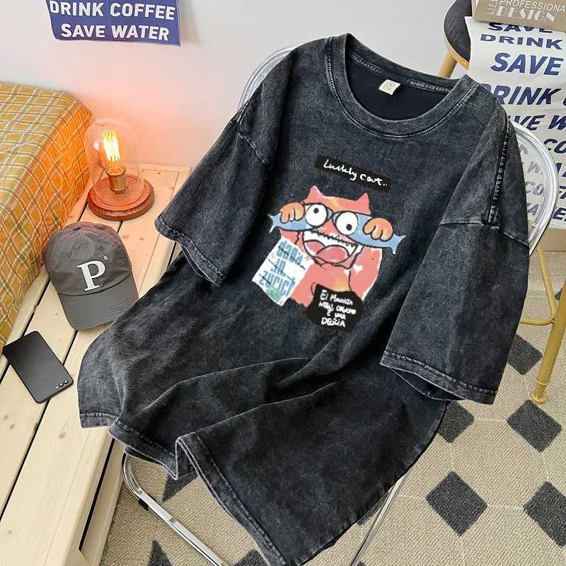 American Wash Mens Short-sleeved T-shirt Summer Vintage To Do Old Couple Jacket Ins Hip Hop Half-sleeved T-shirt X250203